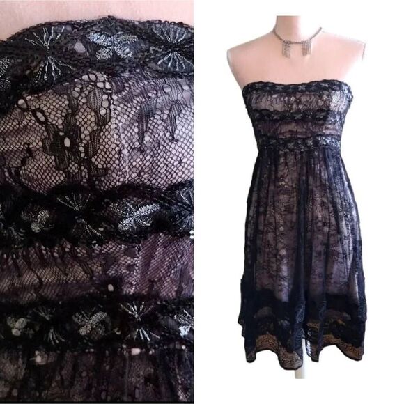 VTG Y2K Black Floral Lace Sequins Strapless Whimsigoth Mini Dress Small - Picture 1 of 15